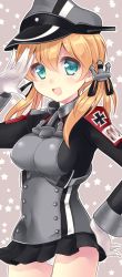 Rule 34 | 10s, 1girl, :d, anchor hair ornament, black ribbon, black skirt, blonde hair, blue eyes, blush, breasts, covered erect nipples, covered navel, cross, gloves, hair ornament, hair ribbon, hat, iron cross, kantai collection, large breasts, long hair, long sleeves, looking at viewer, md5 mismatch, microskirt, military, military uniform, open mouth, outline, panties, peaked cap, pleated skirt, prinz eugen (kancolle), resolution mismatch, ribbon, skirt, smile, solo, source smaller, star (symbol), starry background, taut clothes, tsukimochikuriko (tsukimochi k), twintails, underwear, uniform, white gloves, white panties