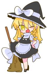 Rule 34 | 1girl, apron, black dress, black footwear, blonde hair, bow, braid, broom, dress, frilled dress, frills, hair bow, hand on own hip, hat, hat bow, highres, kirisame marisa, long hair, mary janes, one eye closed, op na yarou, open mouth, puffy sleeves, shoes, short sleeves, side braid, simple background, single braid, solo, touhou, waist apron, white background, white bow, witch hat, yellow eyes