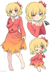 Rule 34 | 1girl, aki shizuha, barefoot, blonde hair, blush, buttons, closed mouth, hair between eyes, hair ornament, highres, holding, holding leaf, leaf, leaf hair ornament, long sleeves, maple leaf, multiple views, open mouth, ramudia (lamyun), red eyes, red shirt, red skirt, shirt, short hair, simple background, skirt, smile, touhou, white background