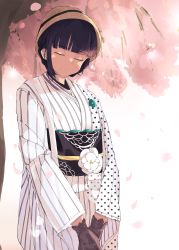 Rule 34 | 1girl, absurdres, alternate hairstyle, artist name, artist request, black corset, black gloves, black hair, blunt bangs, blush, breasts, brown hat, closed eyes, corset, female focus, floral print, flower print, gloves, gorgeous pink (love live!), green flower, hair bun, hat, highres, japanese clothes, kimono, kimono skirt, kurosawa dia, lace, lace gloves, looking at viewer, love live!, love live! school idol festival, love live! school idol festival all stars, love live! sunshine!!, medium breasts, mole, mole under mouth, obi, own hands together, parted lips, petals, pink petals, polka dot, polka dot kimono, sash, short hair, single hair bun, skirt, smile, solo, striped clothes, striped kimono, tree, vertical-striped clothes, vertical-striped kimono, white background, white kimono, wide sleeves