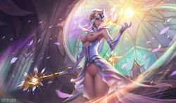 Rule 34 | 1girl, alternate costume, brazier, breasts, crown, crystal, dress, elementalist lux, gloves, league of legends, light elementalist lux, lux (league of legends), md5 mismatch, medium breasts, nipples, nude filter, petals, pussy, resized, stained glass, third-party edit, throne, tiara, uncensored, wand, white dress