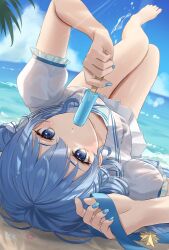 Rule 34 | 1girl, absurdres, bare legs, beach, blue eyes, blue nails, blue ribbon, blue sky, breasts, cleavage, cloud, cloudy sky, collarbone, day, eating, eyelashes, food, foreshortening, frilled sleeves, frills, hair between eyes, hands up, highres, holding, hololive, hoshimachi suisei, hoshimachi suisei (school uniform), knees together feet apart, leg up, legs, lens flare, long hair, looking at viewer, lying, miniskirt, nakaneabura8623, ocean, on back, outdoors, palm tree, pleated skirt, popsicle, puffy short sleeves, puffy sleeves, ribbon, sand, school uniform, shiny skin, shirt, short sleeves, sidelocks, skirt, sky, small breasts, solo, star (symbol), star in eye, symbol in eye, thighs, tree, virtual youtuber, water, white shirt, white skirt