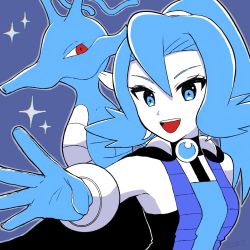 Rule 34 | + +, 1girl, :d, bad id, bad twitter id, black cape, blue eyes, blue gloves, blue hair, cape, clair (pokemon), commentary request, creatures (company), earrings, ebiura akane, eyelashes, game freak, gen 2 pokemon, gloves, grey background, gym leader, hair between eyes, highres, jewelry, kingdra, long hair, nintendo, one-hour drawing challenge, open mouth, outline, pokemon, pokemon (creature), pokemon hgss, red eyes, smile, sparkle, teeth, tongue