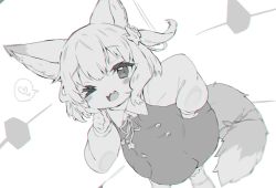 Rule 34 | 1girl, animal ears, beat saber, blurry, blush, blush stickers, child, dress, fang, flower, fox ears, fox tail, greyscale, hair flower, hair ornament, hand on own hip, heart, highres, koume (beat saber), koume (vrchat), looking at viewer, monochrome, one eye closed, open mouth, ribbon, smile, solo, speech bubble, tail, teeth, thighhighs, tongue, vrchat, zeru (wisel army)