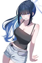 1girl absurdres black_camisole blue_archive blue_eyes blue_hair blue_halo breasts camisole collarbone colored_inner_hair cross_halo denim denim_shorts halo highres kikai260 multicolored_hair official_alternate_costume saori_(blue_archive) saori_(swimsuit)_(blue_archive) shorts simple_background solo white_background