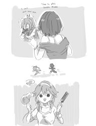 Rule 34 | ..., 3girls, alternate costume, alternate hairstyle, bare shoulders, chasing, collarbone, comb, dot nose, english text, closed eyes, fleeing, gloves, greyscale, hair dryer, highres, holding, holding comb, holding hair dryer, hololive, hololive english, kisuu (oddnumberr ), long hair, monochrome, multiple girls, nanashi mumei, open mouth, ouro kronii, partially fingerless gloves, ponytail, short hair, sketch, solid circle eyes, spoken ellipsis, takanashi kiara, trembling, triangle mouth, virtual youtuber