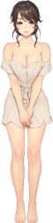 Rule 34 | barefoot, breasts, brown hair, cleavage, dorei himekishi to dorei jijo to no slow life, facing viewer, farna (dorei himekishi to dorei jijo to no slow life), full body, highres, large breasts, long image, looking at viewer, masami chie, medium hair, naked shirt, off shoulder, official art, own hands together, photoshop (medium), purple eyes, shirt, solo, standing, tachi-e, tall image, transparent background, v arms