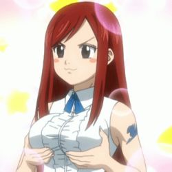 Rule 34 | 1girl, :3, animated, animated gif, blouse, breasts, erza scarlet, fairy tail, happy (fairy tail), large breasts, long hair, lowres, red eyes, red hair, shirt, sleeveless, sleeveless shirt, solo