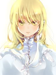 Rule 34 | 1girl, blonde hair, blush, dress, eyes visible through hair, hair between eyes, kuga tsukasa, light smile, long hair, looking at viewer, parted lips, pointy ears, simple background, solo, turtleneck, upper body, white background, white dress, yellow eyes