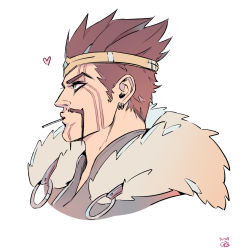 Rule 34 | 1boy, brown hair, commentary request, draven, earrings, facial hair, from side, fur trim, gatopescado3, grey background, heart, highres, jewelry, league of legends, mustache, profile, short hair, simple background, solo, yellow eyes