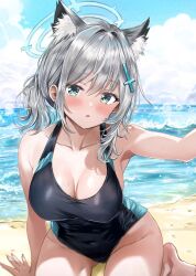 Rule 34 | 1girl, arm support, bare arms, bare shoulders, beach, black one-piece swimsuit, blue archive, blue halo, blue sky, cloud, cloudy sky, collarbone, commentary request, cross, cross hair ornament, day, grey hair, hair ornament, halo, highres, inverted cross, looking at viewer, multicolored clothes, multicolored swimsuit, ocean, official alternate costume, official alternate hairstyle, one-piece swimsuit, ponytail, seiza, shiroko (blue archive), shiroko (swimsuit) (blue archive), sitting, sky, solo, staryume, swimsuit