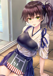 Rule 34 | 10s, 1girl, arm at side, arm support, black thighhighs, blue skirt, bow, brown hair, checkered floor, collarbone, flight deck, green eyes, hair between eyes, hair bow, hakama, hakama short skirt, hakama skirt, indoors, japanese clothes, kaga (kancolle), kantai collection, koyuki (kotatsu358), lips, muneate, open door, parted lips, side ponytail, sitting, skirt, skirt set, solo, thighhighs, thighs