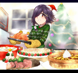 Rule 34 | 1girl, black hair, blush, character request, christmas tree, food, green sweater, hair over one eye, highres, indoors, kekewan, looking at viewer, meat, medium hair, oven mitts, parted lips, pie, plate, red eyes, smile, solo, star (symbol), sweater, turkey (food), window, yu-gi-oh!, yu-gi-oh! tag force