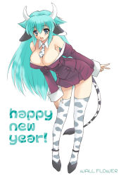 Rule 34 | 00s, 1girl, 2009, animal ears, animal print, aqua hair, armpits, bare shoulders, bent over, blue eyes, blush, breasts, cleavage, cow ears, cow girl, cow print, happy, horns, kuroda akimi, large breasts, long hair, necktie, new year, original, skirt, solo, tail, thighhighs, v, zettai ryouiki