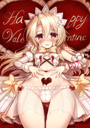 Rule 34 | 1girl, akabane (zebrasmise), asymmetrical sleeves, blonde hair, blush, bow, candy, chocolate, chocolate heart, detached sleeves, dress, fate/grand order, fate/kaleid liner prisma illya, fate (series), flower, food, hair between eyes, hair flower, hair ornament, headdress, heart, heart-shaped pupils, illyasviel von einzbern, illyasviel von einzbern (choco angel), long hair, looking at viewer, lying, nail polish, navel, panties, pink eyes, puffy sleeves, ribbon, see-through, solo, symbol-shaped pupils, underwear, uneven sleeves, valentine