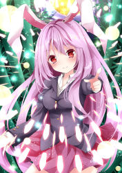 Rule 34 | 1girl, animal ears, bamboo, bamboo forest, blazer, blush, rabbit ears, danmaku, forest, full moon, long hair, looking at viewer, moon, nanase nao, nature, night, outdoors, pointing, pointing at viewer, purple hair, red eyes, reisen udongein inaba, skirt, smile, solo, touhou, very long hair