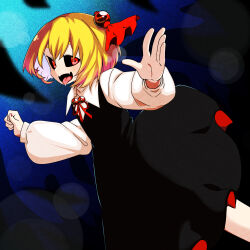 Rule 34 | 1girl, black dress, black sclera, blonde hair, blue background, collared shirt, colored sclera, commentary request, darkness, dress, fangs, feet out of frame, flat chest, hair bobbles, hair ornament, highres, long sleeves, looking at viewer, medium hair, neck ribbon, open mouth, pinafore dress, red eyes, red ribbon, ribbon, rinyamame, rumia, shirt, skin fangs, sleeveless dress, smile, solo, tongue, tongue out, touhou, white shirt