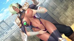 Rule 34 | 1boy, 1girl, :o, arena, armor, bandaged arm, bandages, black legwear, blush, breasts, breasts out, dark skin, dutch angle, elf, fingering, fingering from behind, fingering through clothes, game cg, grabbing, grabbing another&#039;s breast, grabbing from behind, greaves, green hair, hair over one eye, hand up, hetero, huracan, kyonyuu onna senshi dogeza saimin, large breasts, looking at viewer, lune (company), mind control, one breast out, open mouth, pauldrons, pointy ears, pussy juice, short hair, shoulder armor, shoulder pads, standing, sweat, tagme, tearing up, through clothes, viola auris