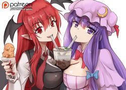 Rule 34 | 2girls, black vest, blue bow, bow, breasts, capelet, chicken (food), cleavage, collar, commentary request, cup, drink, drinking, fang, food, hair bow, hat, hat ribbon, head wings, highres, holding, holding food, koakuma, large breasts, long hair, long sleeves, looking at viewer, mob cap, multiple girls, namiki (remiter00), necktie, open mouth, patchouli knowledge, patreon logo, patreon username, pointy ears, purple collar, purple eyes, purple hair, red bow, red eyes, red hair, red neckwear, red ribbon, ribbon, shirt, simple background, smile, touhou, upper body, very long hair, vest, watermark, white background, white collar, white shirt, wings