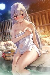 Rule 34 | 1girl, absurdres, bare shoulders, bathhouse, blush, breasts, bucket, collarbone, commission, covering privates, full moon, hair between eyes, highres, large breasts, long hair, looking at viewer, moon, naked towel, nervous, night, night sky, onsen, original, outdoors, poolside, red eyes, rubber duck, second-party source, shio (shirone), sitting, sky, soaking feet, solar (happymonk), solo, thick thighs, thighs, towel, very long hair, wet, white hair