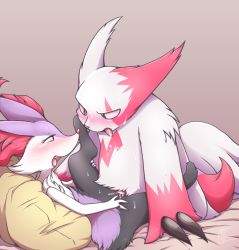 Rule 34 | 1boy, 1girl, alternate color, animal ear fluff, animal ears, animal feet, animal hands, animal nose, artist name, bad id, bad tumblr id, bed sheet, black fur, blush, body fur, braixen, brown background, brown eyes, claws, creatures (company), drooling, erection, eye contact, flat chest, fox boy, fox ears, fox girl, fox tail, from side, furry, furry female, furry male, furry with furry, game freak, gen 3 pokemon, gen 6 pokemon, gradient background, half-closed eyes, happy, hetero, interspecies, kneeling, legs up, looking at another, lying, neck fur, negoya, nintendo, nose blush, on back, open mouth, penis, pillow, pokemon, pokemon (creature), profile, purple fur, pussy, pussy juice, red eyes, red fur, saliva, sex, shiny pokemon, signature, simple background, smile, snout, spread legs, sweat, tail, textless version, tongue, tongue out, two-tone fur, uncensored, vaginal, white fur, zangoose
