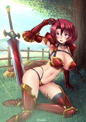 Rule 34 | 1girl, adsouto, alternate costume, armor, ass, bikini armor, blush, breasts, cleavage, collarbone, commentary, cow girl (goblin slayer!), day, english commentary, full body, gauntlets, goblin slayer!, hair between eyes, highres, large breasts, navel, open mouth, outdoors, red hair, revealing clothes, shield, short hair, smile, solo, sunlight, sword, tagme, tree, weapon