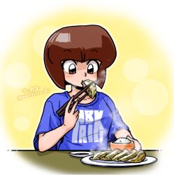 Rule 34 | 1girl, blue shirt, blush, bowl, breasts, brown eyes, brown hair, character name, chopsticks, clothes writing, commentary, dinner, dumpling, eating, food, holding, holding food, jiaozi, looking at object, looking down, meal, medium breasts, plate, raised eyebrows, ranma 1/2, rice, shirt, short sleeves, sitting, solo, soy sauce, steam, t-shirt, table, tendou nabiki, upper body, vignetting, wanta (futoshi), yellow background
