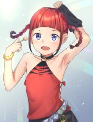 Rule 34 | 1girl, arm up, armpits, asukagawa chise, bare shoulders, belt, blue eyes, bracelet, braid, candy, choker, fingerless gloves, food, gloves, gridman universe, highres, holding, holding candy, holding food, holding lollipop, jewelry, lollipop, looking at viewer, mamame suzuki, mole, mole under mouth, multicolored hair, o-ring, red hair, short hair, simple background, single glove, smile, solo, ssss.dynazenon, studded belt, twin braids