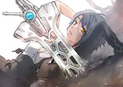 Rule 34 | 1girl, arms up, assault lily, black skirt, breasts, buttons, cleavage, commentary request, corruption, cropped jacket, grey hair, high-waist skirt, juliet sleeves, kawazoe misuzu, light particles, long sleeves, looking away, lying, medium breasts, mud, numanuma, on back, on ground, parted lips, partially unbuttoned, planted, planted sword, planted weapon, puffy sleeves, school uniform, shirt, short hair, sinking, skirt, solo, suspender skirt, suspenders, sword, torn clothes, upper body, weapon, white background, white shirt, yellow eyes, yurigaoka girls academy school uniform