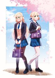 Rule 34 | 2girls, ahoge, artoria caster (fate), artoria pendragon (all), artoria pendragon (fate), bag, bag charm, black footwear, black jacket, blazer, blonde hair, blue necktie, blue ribbon, blue skirt, blush, border, braid, breasts, charm (object), cherry blossoms, fate/grand order, fate (series), fou (fate), french braid, green eyes, heel up, highres, jacket, kneehighs, loafers, long hair, looking at viewer, medium breasts, multiple girls, necktie, outdoors, outside border, pantyhose, petals, plaid, plaid skirt, pleated skirt, ribbon, saber (fate), school bag, school uniform, shirt, shoes, skirt, smile, socks, standing, striped necktie, sweat, vest, white border, white shirt, yamano udumi, yellow vest