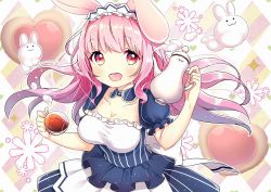 Rule 34 | 1girl, animal ears, argyle, argyle background, argyle clothes, blue dress, blush, breasts, cup, dress, floating hair, frills, holding, holding cup, long hair, looking at viewer, maid, maid headdress, medium breasts, open mouth, original, pink hair, puffy short sleeves, puffy sleeves, rabbit, rabbit ears, red eyes, short sleeves, smile, solo, suzuki moeko, tareme, teacup, teapot, teeth, upper body