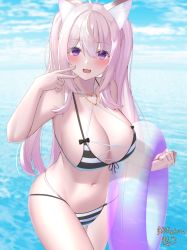 Rule 34 | 1girl, absurdres, animal ears, bikini, blush, breasts, cat ears, cleavage, collarbone, commentary request, hand up, highres, innertube, large breasts, long hair, looking at viewer, mashiro03, navel, outdoors, parted lips, pink hair, purple eyes, smile, solo, striped bikini, striped clothes, swim ring, swimsuit, thighs, two-tone bikini, v, vrchat