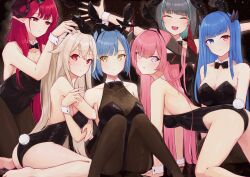 Rule 34 | 6+girls, all fours, anchorage (azur lane), animal ears, ass, azur lane, black leotard, black pantyhose, blue eyes, blue hair, bow, bowtie, breasts, brown pantyhose, cheshire (azur lane), cleavage, curled horns, demon girl, demon horns, detached collar, fake animal ears, fake tail, gascogne (azur lane), heterochromia, highleg, highleg leotard, highres, hindenburg (azur lane), horns, ibuki (azur lane), large breasts, leotard, long hair, looking at viewer, mechanical horns, medium breasts, mole, mole under eye, multicolored hair, multiple girls, open mouth, outstretched arms, pantyhose, pink hair, playboy bunny, pointy ears, prinz rupprecht (azur lane), purple eyes, rabbit ears, rabbit tail, red eyes, red hair, red horns, short hair, spread arms, strapless, strapless leotard, tail, traditional bowtie, two-tone hair, umiya mizuki, very long hair, wrist cuffs