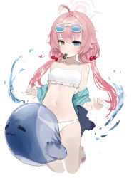 Rule 34 | 1girl, ahoge, bare shoulders, bikini, blue archive, blue eyes, blue jacket, blush, breasts, collarbone, eyewear on head, frilled bikini, frills, hair bobbles, hair ornament, halo, heart, heterochromia, highres, hoshino (blue archive), hoshino (swimsuit) (blue archive), inflatable toy, jacket, kneeling, long hair, looking at viewer, low twintails, mouth hold, navel, off shoulder, sandals, simple background, small breasts, solo, sunglasses, swimsuit, twintails, water, whistle, white background, white bikini, yellow eyes, yonchan