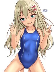 Rule 34 | 1girl, blue one-piece swimsuit, breasts, competition swimsuit, covered navel, grecale (kancolle), green eyes, highleg, highleg swimsuit, highres, kantai collection, kneeling, long hair, montemasa, one-hour drawing challenge, one-piece swimsuit, simple background, small breasts, smile, solo, swimsuit, two-tone background, v, wavy hair, white background