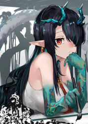 Rule 34 | 1girl, ao oni (onioni-aoi), arknights, bare shoulders, black hair, breasts, calligraphy brush, chong yue (arknights), closed mouth, colored extremities, colored skin, dragon girl, dragon horns, dragon tail, dress, dusk (arknights), earrings, gradient skin, green hair, green skin, hair over one eye, highres, holding, horns, jewelry, large breasts, ling (arknights), long hair, looking at viewer, lying, multicolored hair, necktie, nian (arknights), on stomach, paintbrush, pointy ears, red eyes, red necktie, sleeveless, sleeveless dress, solo, streaked hair, tail, two-tone hair, upper body, very long hair, white dress