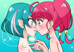Rule 34 | 2girls, ahoge, aqua background, aqua eyes, aqua hair, artist request, blush, closed mouth, couple, eye contact, gradient background, hagoromo lala, highres, hoshina hikaru, imminent kiss, kiss, looking at another, matching hair/eyes, multicolored hair, multiple girls, neck, nude, open mouth, pointy ears, precure, red eyes, red hair, short hair, smile, star twinkle precure, twintails, upper body, yuri
