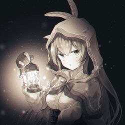 Rule 34 | 1girl, absurdres, black background, chromatic aberration, cloak, corset, ears through headwear, feather hair ornament, feathers, gloves, glowing, hair ornament, highres, holding, holding lantern, hololive, hololive english, hood, hood up, hooded cloak, jitome, lantern, light particles, long hair, looking at viewer, monochrome, mumei (song) (hololive), nanashi mumei, nanashi mumei (1st costume), open mouth, partially fingerless gloves, ponytail, ribbon, sepia, shirt, triangle mouth, very long hair, virtual youtuber, yoharu tao