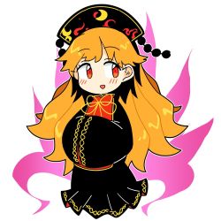 Rule 34 | 1girl, black dress, black hat, black sleeves, blush, bow, bowtie, chibi, chinese clothes, crescent, dress, energy, full body, hands up, hat, ini (inunabe00), junko (touhou), long hair, long sleeves, looking to the side, open mouth, orange hair, phoenix crown, pom pom (clothes), red eyes, red vest, simple background, smile, solo, standing, tabard, touhou, vest, white background, wide sleeves, yellow bow, yellow bowtie