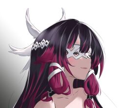 1girl black_hair bow closed_eyes closed_mouth columbina_(genshin_impact) eye_mask genshin_impact hair_ornament head_wings highres hrxw8287 long_hair multicolored_hair pink_hair smile solo streaked_hair two-tone_hair very_long_hair white_mask wings