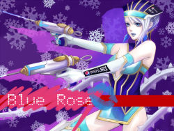 Rule 34 | 10s, 1girl, bare shoulders, blue eyes, blue hair, blue rose (tiger &amp; bunny), breasts, character name, cleavage, dual wielding, earrings, elbow gloves, gloves, gun, holding, jewelry, karina lyle, lipstick, makeup, matching hair/eyes, melody mi1112, pepsi nex, product placement, short hair, snowflakes, solo, superhero costume, thighhighs, tiger &amp; bunny, weapon