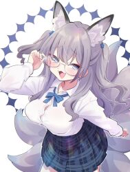 1girl :3 adjusting_eyewear animal_ear_fluff animal_ears blue_bow blue_bowtie blue_eyes blue_flower blue_skirt bow bowtie breasts contrapposto cowboy_shot dress_shirt earrings fang flower fox_ears fox_girl fox_tail grey_hair hair_flower hair_ornament high-waist_skirt highres inari_iroha jewelry large_breasts long_hair long_sleeves looking_at_viewer multiple_tails noripro open_mouth partially_unbuttoned plaid_clothes plaid_skirt shirt single_earring skin_fang skirt smile solo tail two_side_up virtual_youtuber white_background white_shirt yuuki_(yuyuki000)