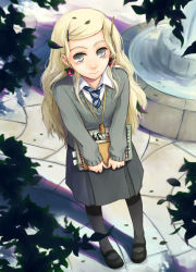 Rule 34 | 1girl, akuhaku, object behind ear, blonde hair, blue necktie, book, carrying, closed mouth, cork, day, earrings, facing viewer, food, fountain, fruit, grey eyes, happy, harry potter (series), hogwarts school uniform, holding, holding book, jewelry, long hair, long sleeves, looking at viewer, looking up, luna lovegood, necklace, necktie, outdoors, pantyhose, pleated skirt, ravenclaw, school uniform, shirt, shoes, skirt, smile, socks, solo, standing, striped, textbook, thighhighs, tree, wand, water, wavy hair, witch, wizarding world