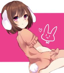 Rule 34 | 1girl, animal ears, bad id, bad twitter id, blush, brown hair, closed mouth, dress, from side, hair between eyes, heart, highres, inaba tewi, karasusou nano, looking at viewer, pink dress, pink eyes, rabbit ears, rabbit girl, rabbit tail, short hair, short sleeves, sitting, solo, tail, touhou, two-tone background