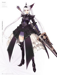 Rule 34 | 1girl, armor, armored boots, artist name, black footwear, boots, breasts, excela noa aura, floating hair, hair ornament, high heel boots, high heels, highres, holding, holding weapon, lance, long hair, looking at viewer, medium breasts, pauldrons, pleated skirt, polearm, purple skirt, red eyes, shining (series), shining resonance, shoulder armor, silver hair, simple background, skirt, solo, thigh boots, thighhighs, tony taka, twintails, very long hair, weapon, white background, white thighhighs, zettai ryouiki