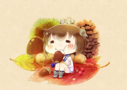 Rule 34 | 1girl, acorn, black socks, blush, brown hair, chestnut, chibi, closed eyes, closed mouth, commentary request, dress, eating, food, hair between eyes, headgear, hinata yuu, holding, holding food, kantai collection, leaf, long sleeves, pinecone, sailor dress, short hair, simple background, smile, socks, solo, yukikaze (kancolle)