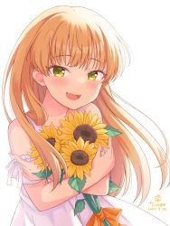 Rule 34 | 1girl, bare shoulders, blonde hair, collarbone, commentary request, dated, dress, flower, highres, idolmaster, idolmaster cinderella girls, idolmaster cinderella girls starlight stage, jougasaki rika, kaiware-san, long hair, hugging object, signature, simple background, solo, sunflower, white background, white dress, yellow eyes, yellow flower