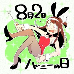 Rule 34 | 1girl, animal ears, artist request, blush, brown hair, bunny day, rabbit ears, playboy bunny, dated, dotted background, fake animal ears, high heels, highres, kagari atsuko, leotard, little witch academia, long hair, lwa, open mouth, pantyhose, red eyes, solo