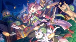 Rule 34 | 1girl, animal ear fluff, animal ears, cat, cat ears, cat tail, cygames, dagger, holding, holding dagger, holding knife, holding weapon, knife, multiple tails, ninja, official art, princess connect!, purple eyes, purple hair, tail, tamaki (princess connect!), thighhighs, treasure chest, two tails, weapon