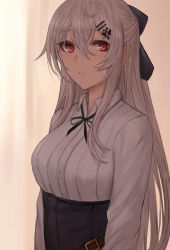 Rule 34 | 1girl, blush, breasts, closed mouth, collared shirt, girls&#039; frontline, hair between eyes, hair ornament, hairclip, highres, iws 2000 (girls&#039; frontline), large breasts, long hair, long sleeves, looking at viewer, red eyes, selcky, shirt, sidelocks, silver hair, solo, upper body, white shirt